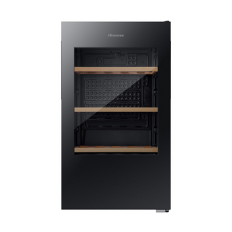 Front view of the Hisense 30 bottle wine cabinet in a black finish with the door closed, showing the glass panel and organised wooden shelves.