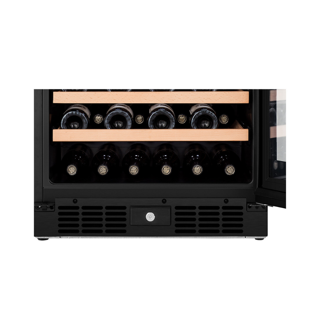 Close up view of the bottom section of the Hisense 46 bottle dual-zone wine cabinet, showing organised wooden shelves.