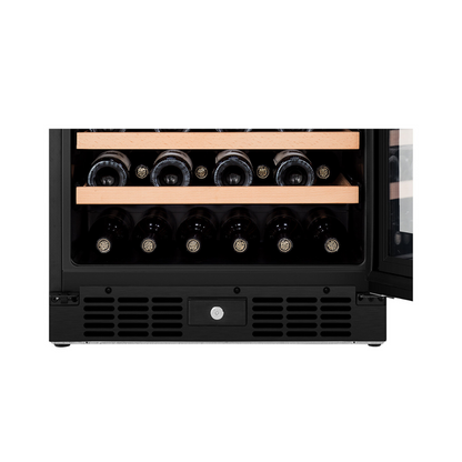 Close up view of the bottom section of the Hisense 46 bottle dual-zone wine cabinet, showing organised wooden shelves.