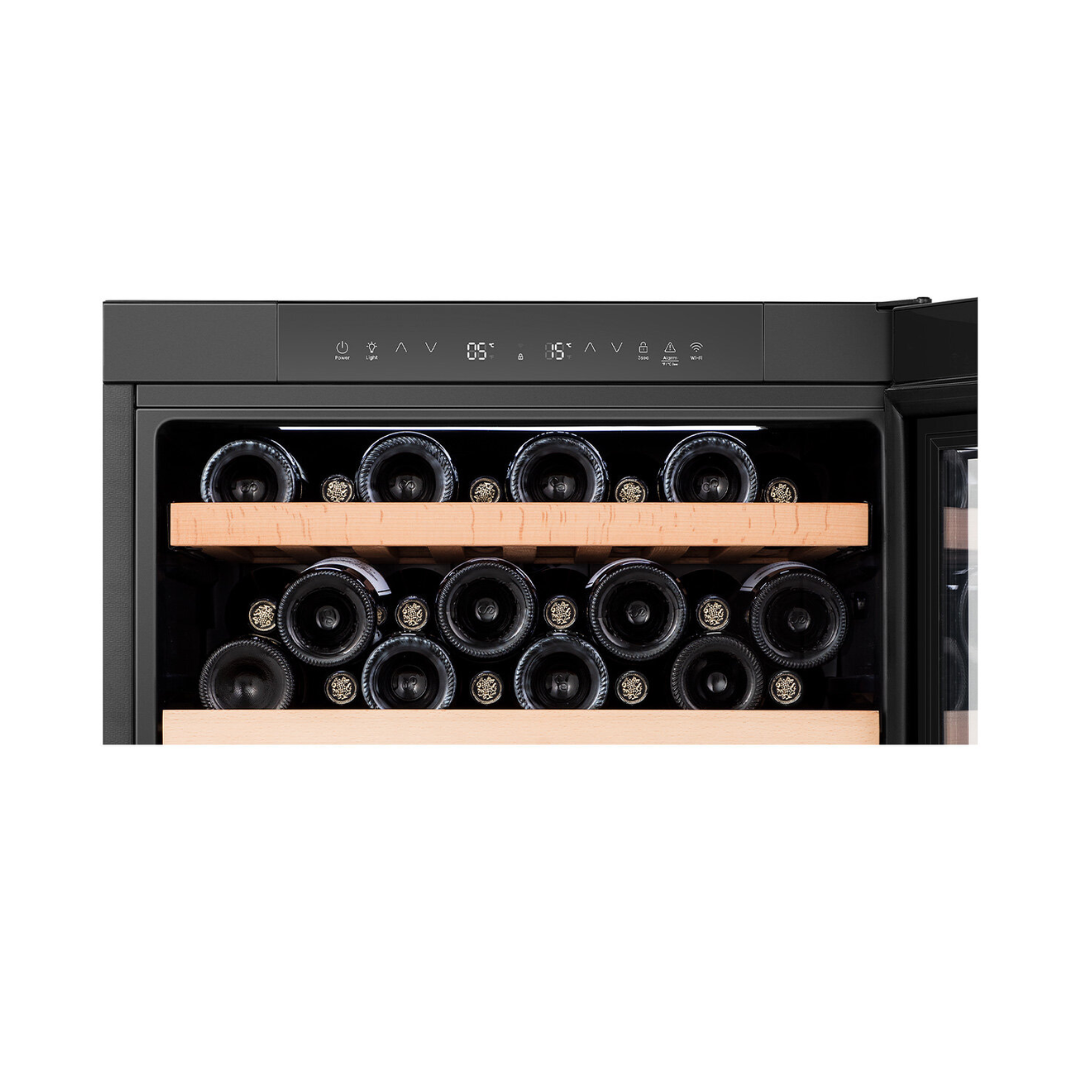 A close up view of the top section of the Hisense 46 bottle dual-zone wine cabinet with the door open, showing an organised wooden shelves and digital display with touch controls. 
