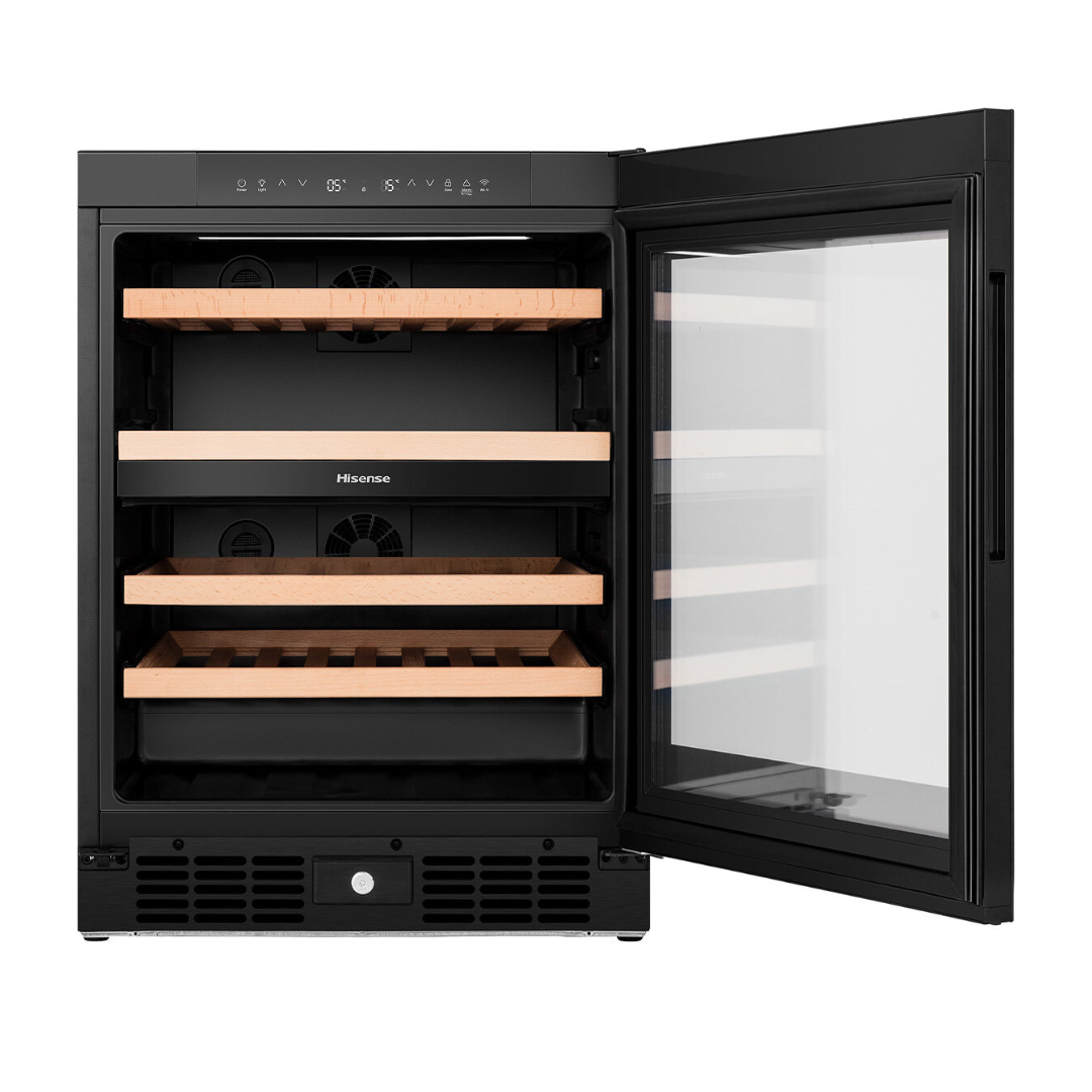 Front view of the Hisense 46 Bottle Dual-Zone wine cabinet in a black finish with the door open, showing organised wood shelving and digital display with touch controls on the top panel.