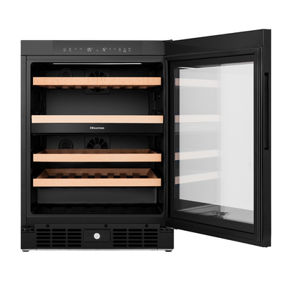 Front view of the Hisense 46 Bottle Dual-Zone wine cabinet in a black finish with the door open, showing organised wood shelving and digital display with touch controls on the top panel.