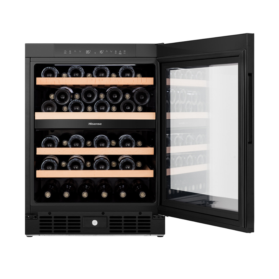 Front view of the Hisense 46 Bottle Dual-Zone wine cabinet in a black finish with the door open, showing organised shelving, storage of wine bottles and digital display with touch controls on the top panel.