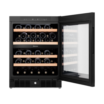 Front view of the Hisense 46 Bottle Dual-Zone wine cabinet in a black finish with the door open, showing organised shelving, storage of wine bottles and digital display with touch controls on the top panel.