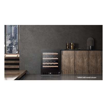 Front view of the Hisense 46 Bottle Dual-Zone wine cabinet, in a modern bar area with wooden cabinetry. 