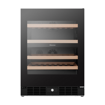 Front view of the Hisense 46 Bottle Dual-Zone wine cabinet in a black finish with the door closed, showing the glass door and wooden shelves.
