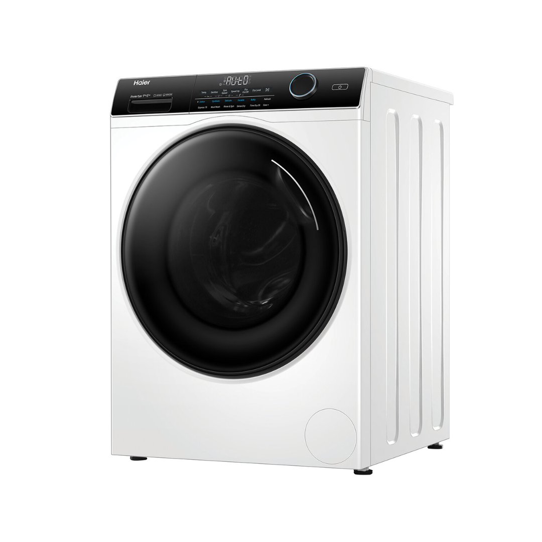 Angle view of the Haier 9/5kg washer dryer combo in white finish with the door closed, showing the right side panel, the top control panel with the electric rotary control knob, digital display with functions below and detergent dispenser.