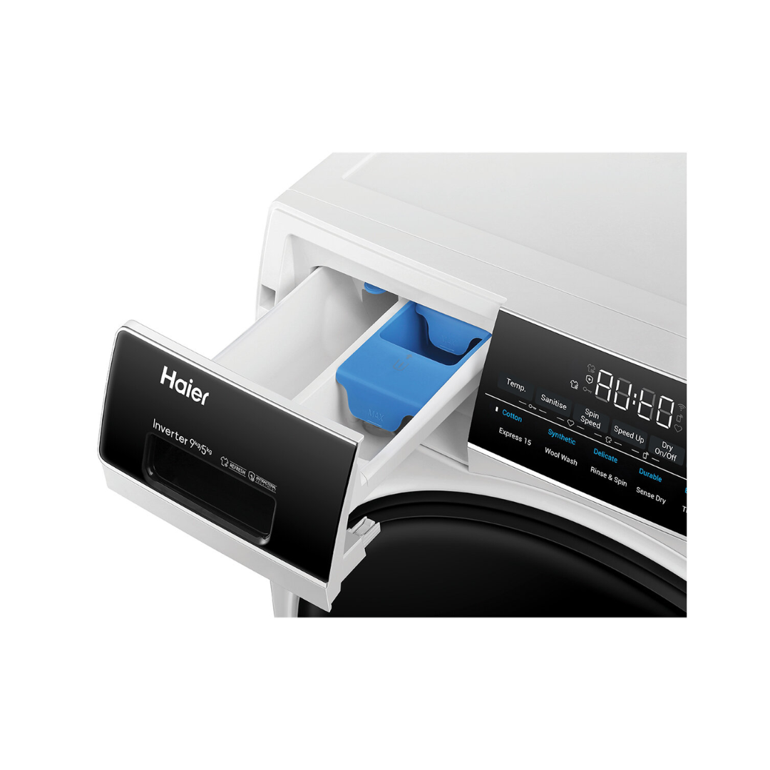 A close up view of the Haier 9/5kg washer dryer combo detergent dispenser and the digital display with functions below it. 