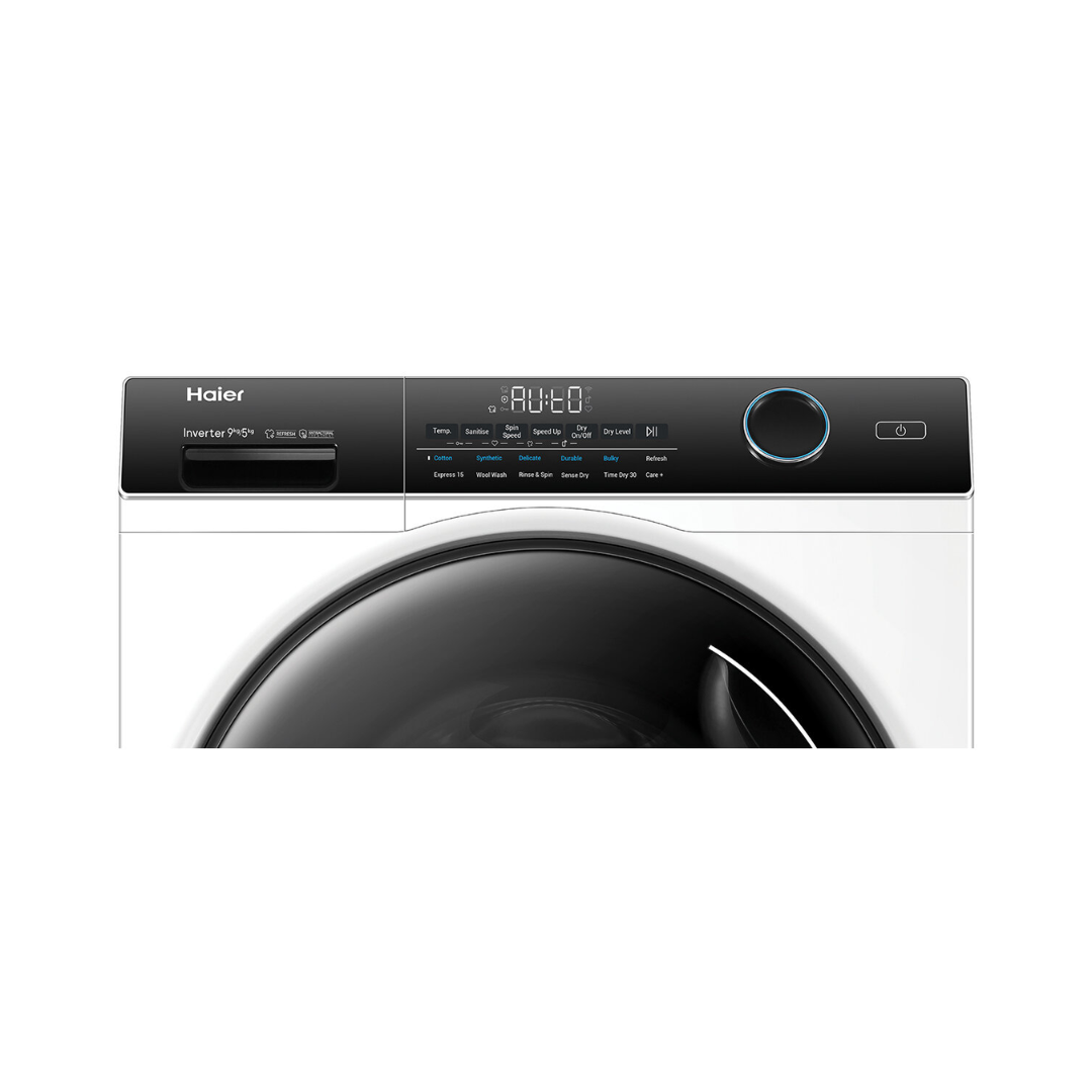 A close up view of the Haier 9/5kg washer dryer combo control panel, showing a power button, electric rotary control knob, digital display with functions below it and detergent dispenser. 