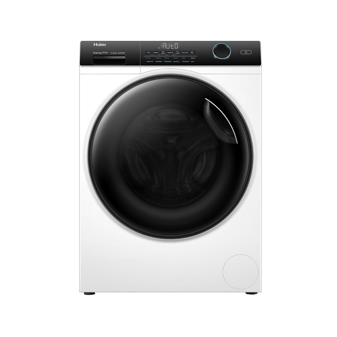 Front view of the Haier 9/5kg washer dryer combo in a white finish with the door closed, showing the control panel with an electric rotary control knob, a digital display with functions below it and a detergent dispenser. 