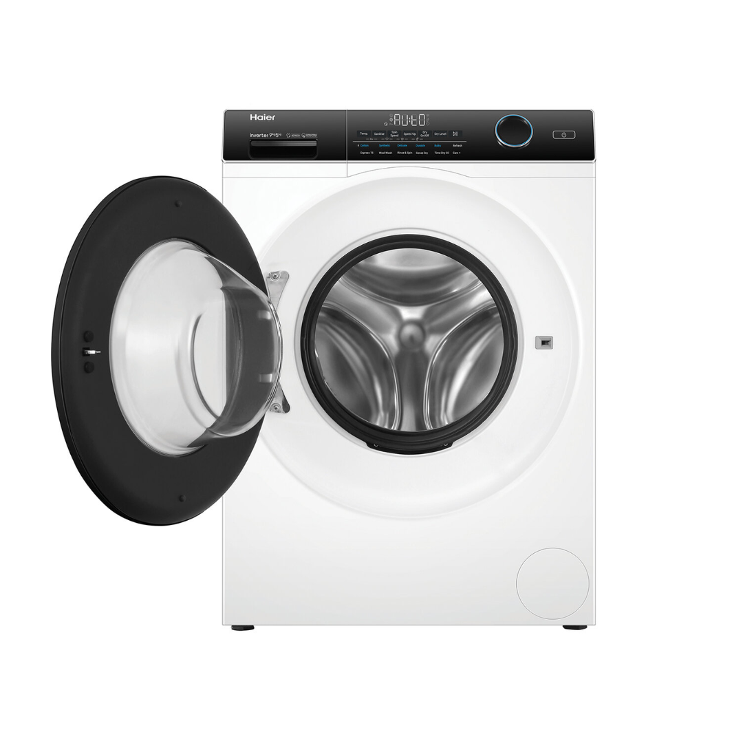 Front view of the Haier 9/5kg washer dryer combo in a white finish with the door open, showing the stainless steel interior drum, the control panel which has an electric rotary control knob, digital display with control below and a detergent dispenser.