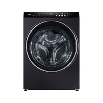 Front view of the Haier 15/9kg washer dryer combo in a black finish with the door closed, showing the top panel with a digital display and touch controls. 
