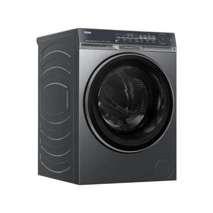 Black Haier front load washing machine at an angle on a white background
