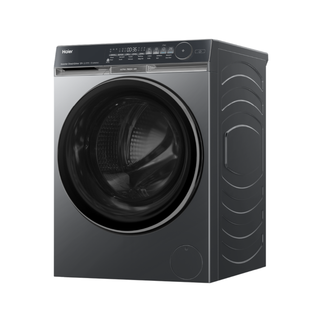 Black Haier front load washing machine with visible brand logo at an angle on a white background