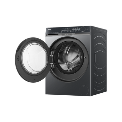 Black Haier front load washing machine with open door at an angle on a white background