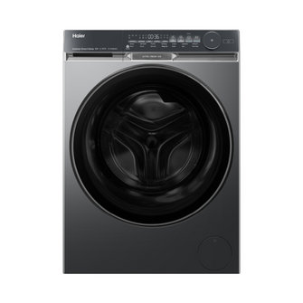 Black Haier front load washing machine on a white background