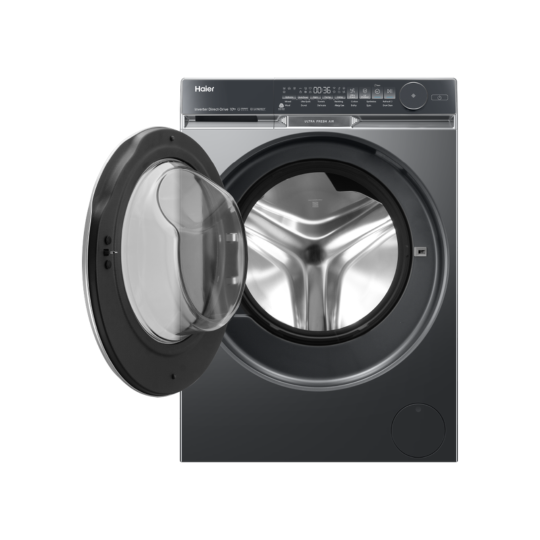 Black Haier washing machine with open door on a white background