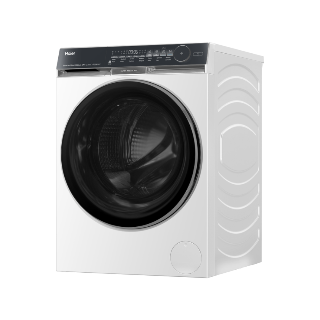 White Haier front load washing machine at an angle on a white background