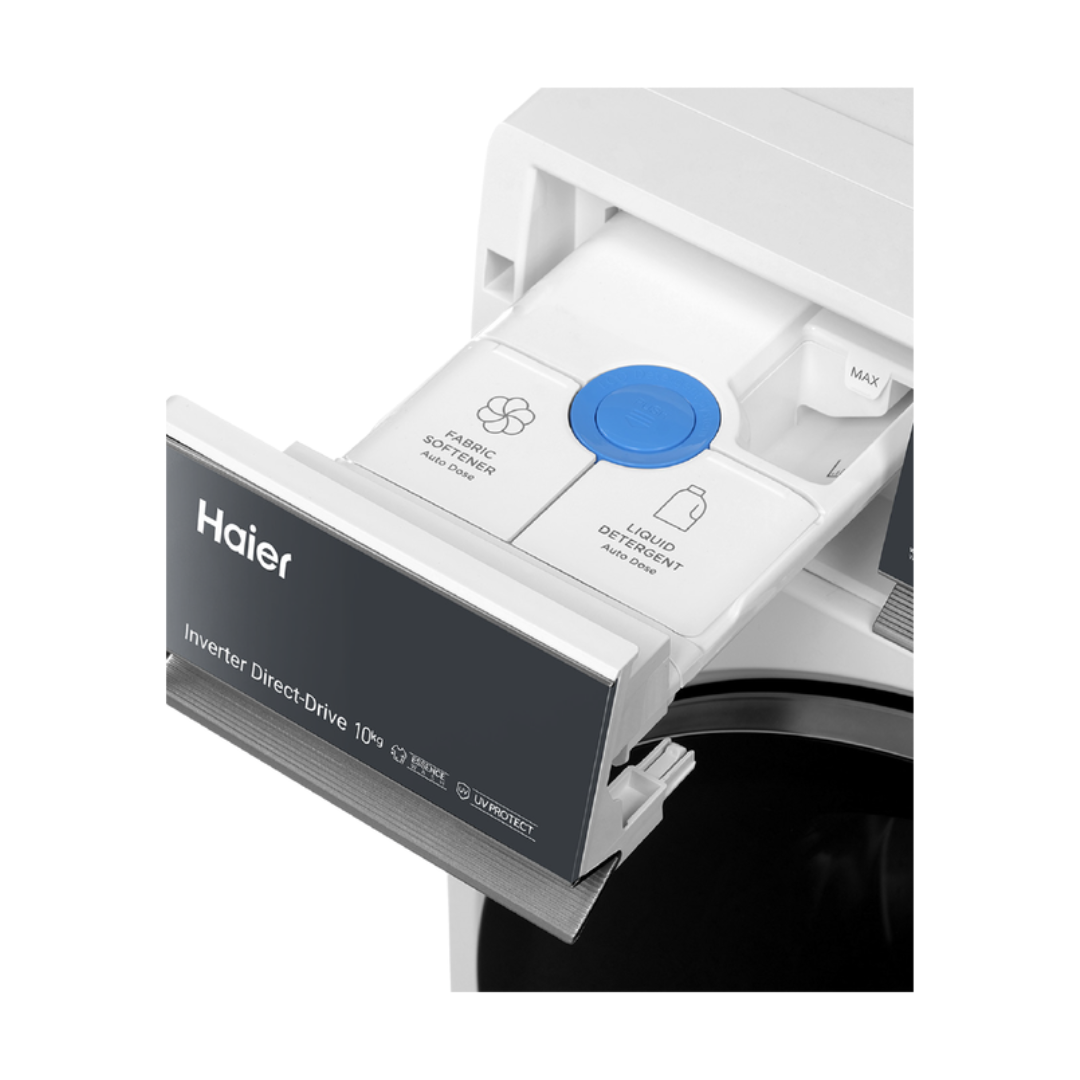 White Haier front load washing machine showing its detergent dispenser on a white background