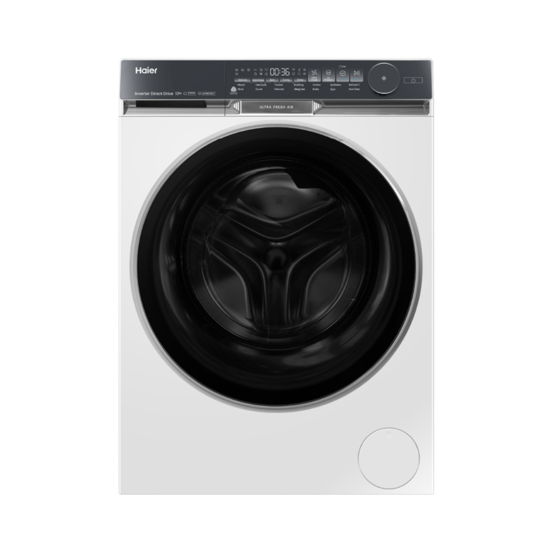 White Haier front load washing machine on a white background