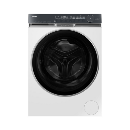 White Haier front load washing machine on a white background