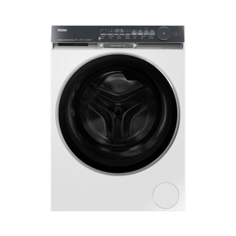 White Haier front load washing machine on a white background