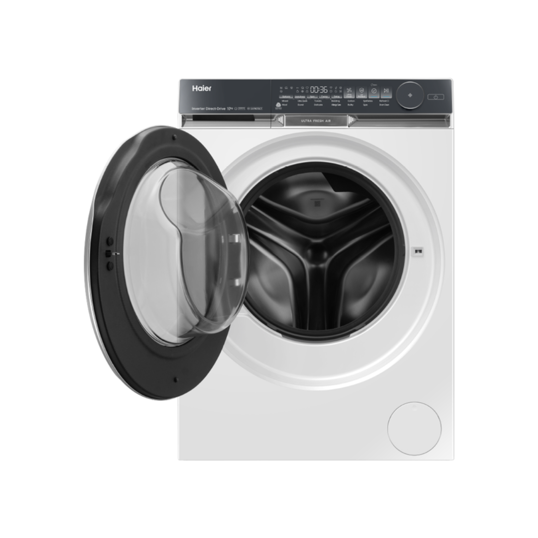 White Haier front load washing machine with open door on a white background