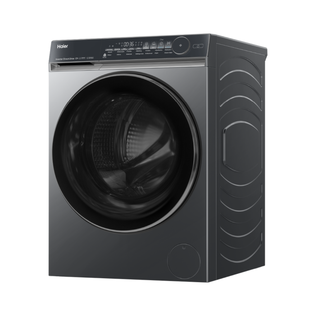 Black Haier front load washing machine at an angle on a white background