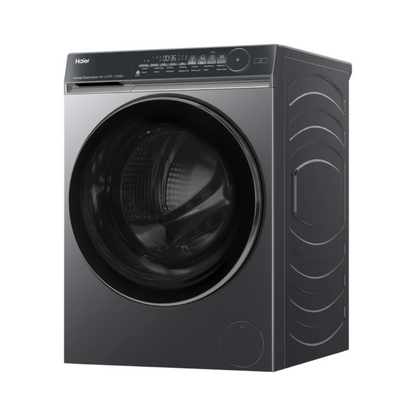 Black Haier front load washing machine at an angle on a white background
