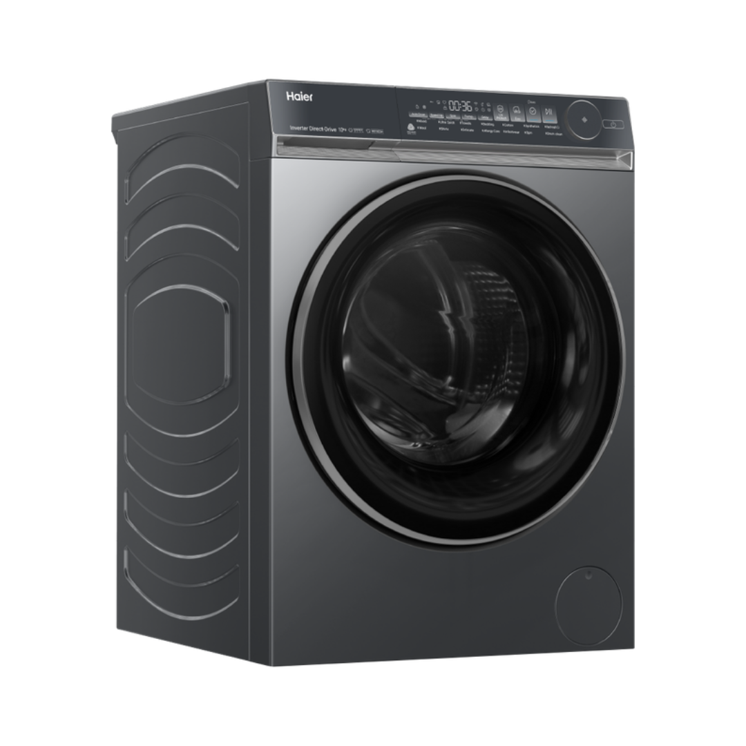 Black Haier front load washing machine at an angle on a white background