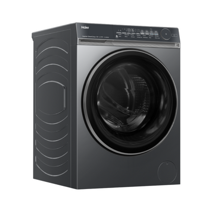 Black Haier front load washing machine at an angle on a white background