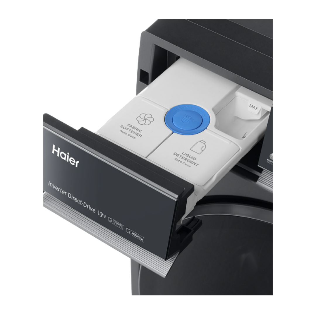 Black Haier front load washing machine showing its detergent dispenser on a white background
