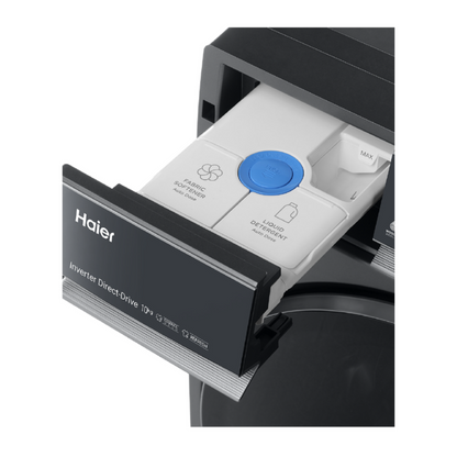 Black Haier front load washing machine showing its detergent dispenser on a white background