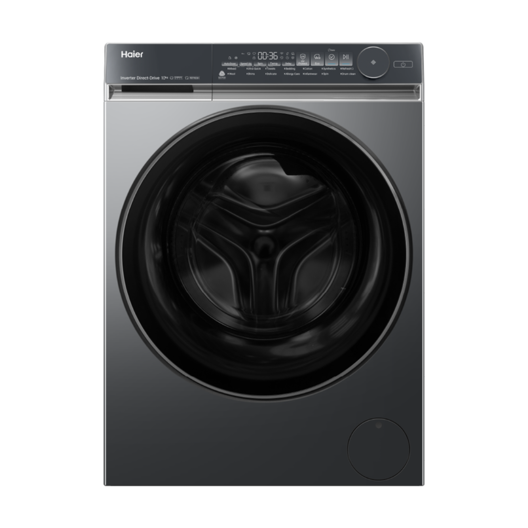 Black Haier front load washing machine on a white background
