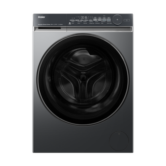 Black Haier front load washing machine on a white background
