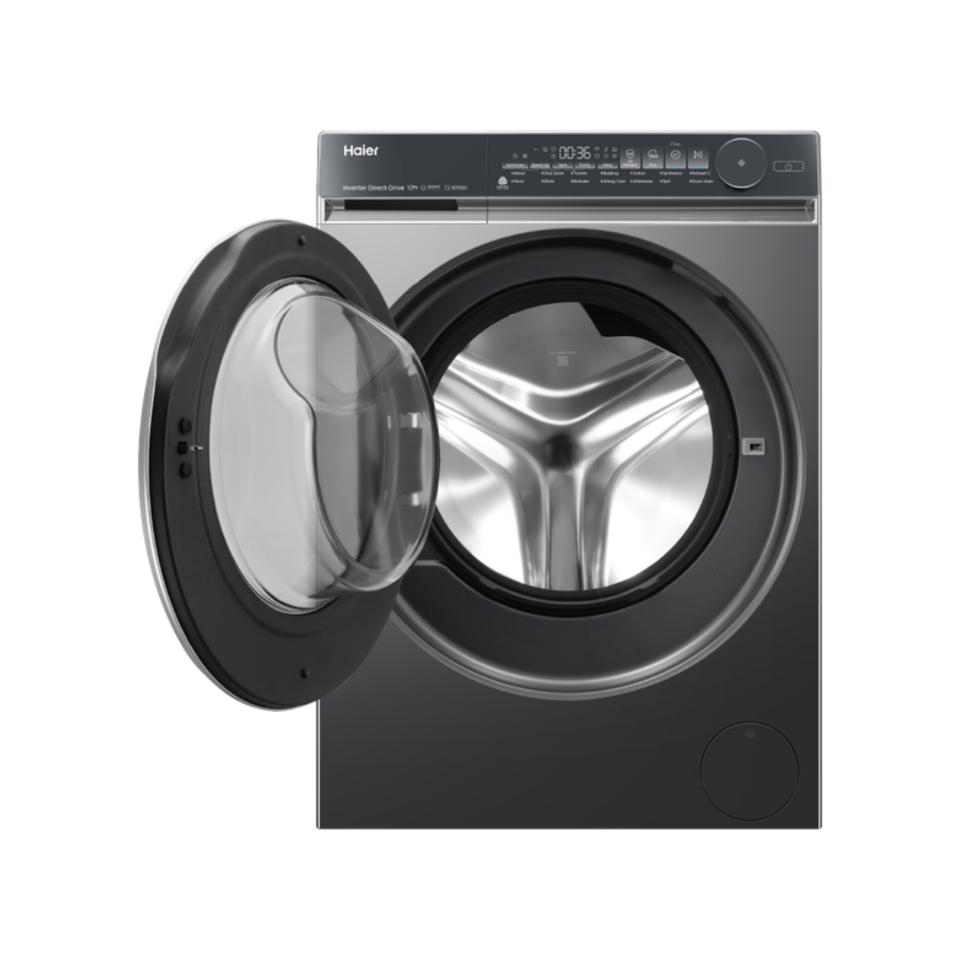 Black Haier front load washing machine with open door on a white background