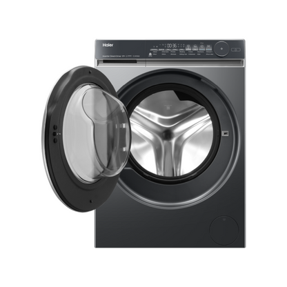 Black Haier front load washing machine with open door on a white background