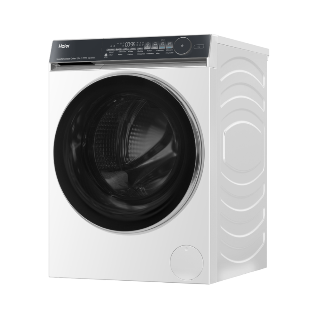 White Haier front load washing machine at an angle on a white background