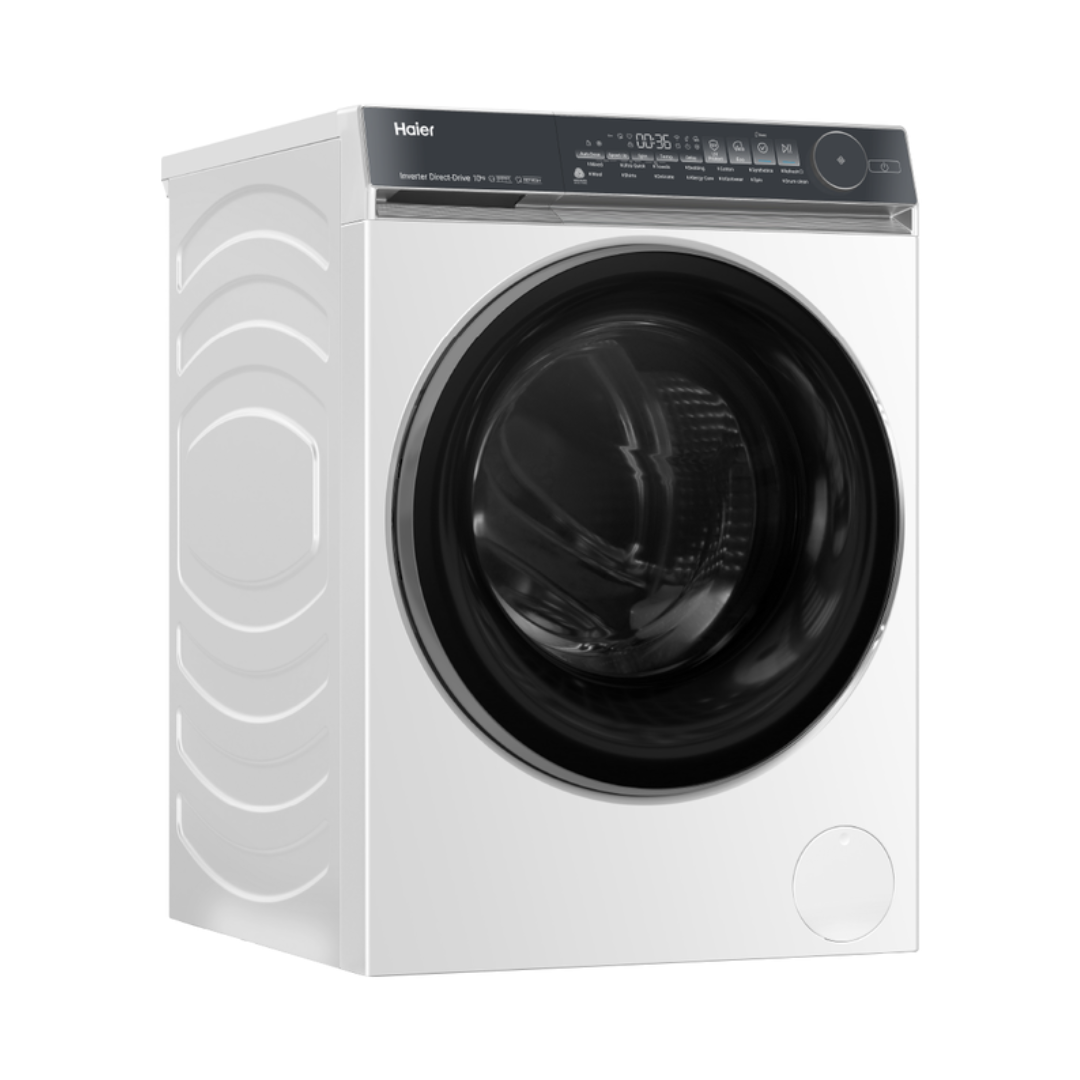 White Haier front load washing machine at an angle on a white background