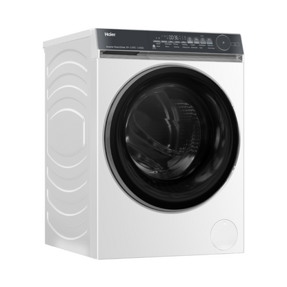 White Haier front load washing machine at an angle on a white background