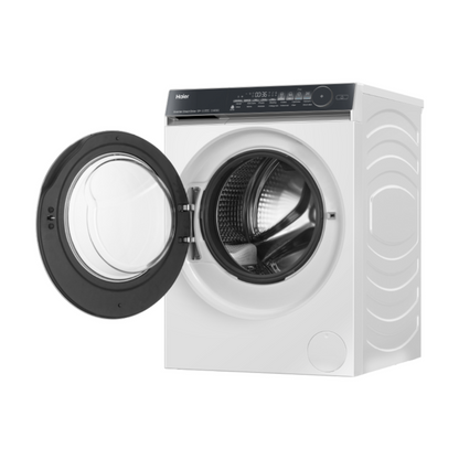 White Haier front load washing machine with open door at an angle on a white background