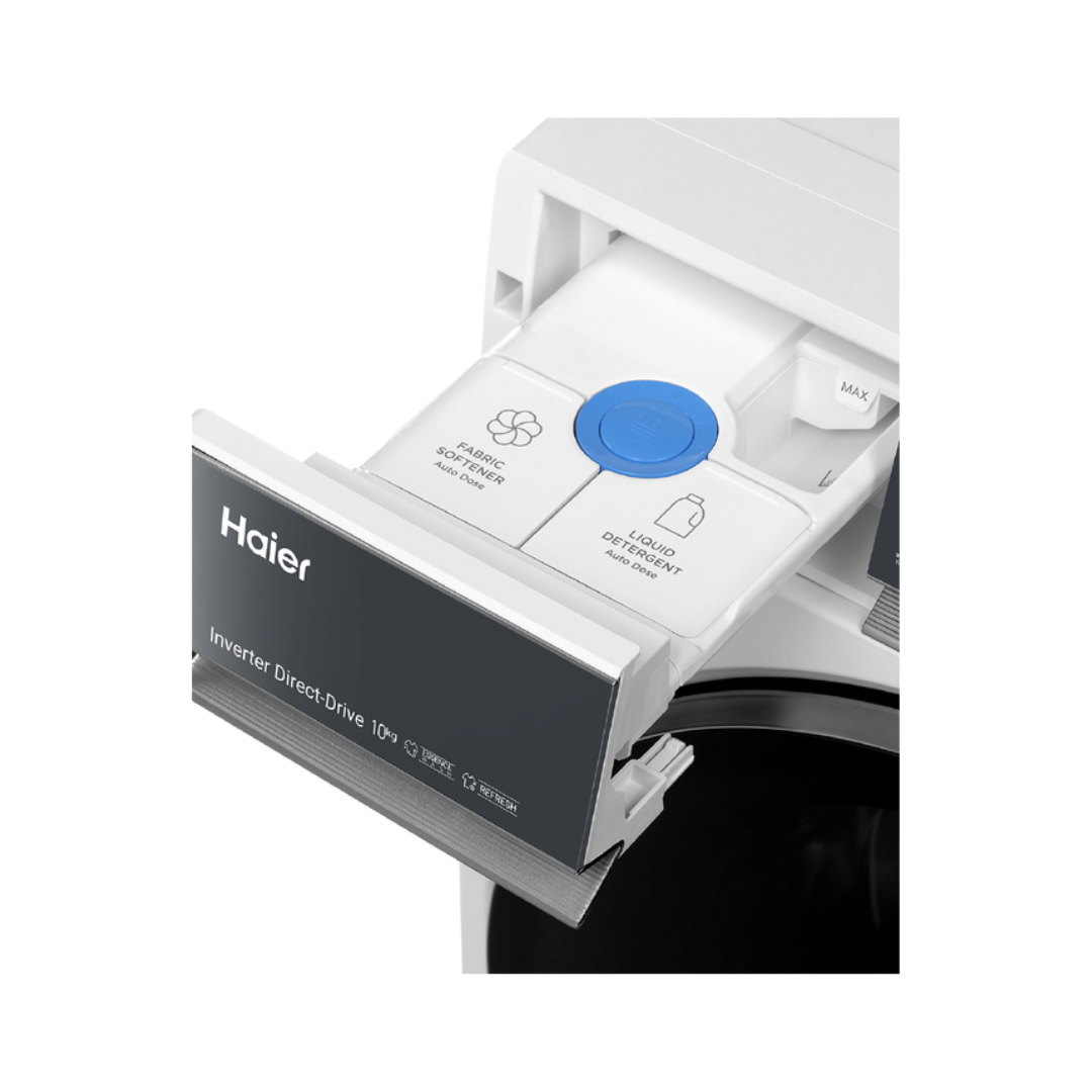 White Haier front load washing machine showings its detergent dispenser on a white background