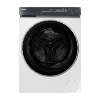 White Haier front load washing machine on a white background