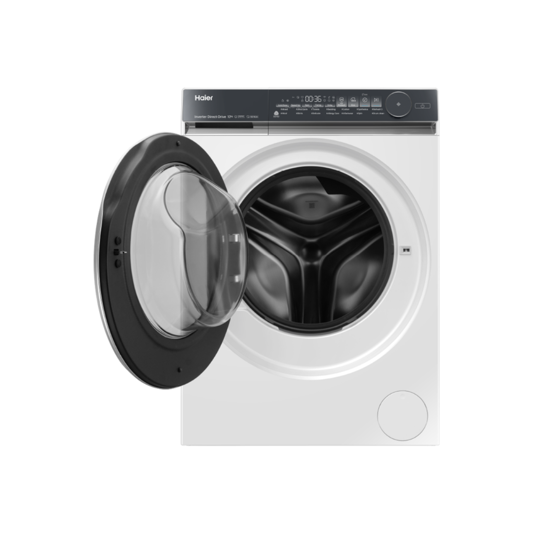 White Haier front load washing machine with open door on a white background