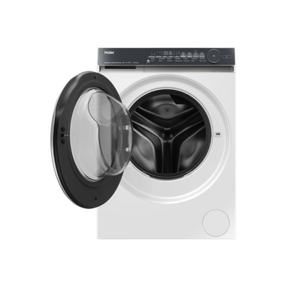 White Haier front load washing machine with open door on a white background