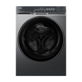Black Haier front load washing machine with black drum on a white background