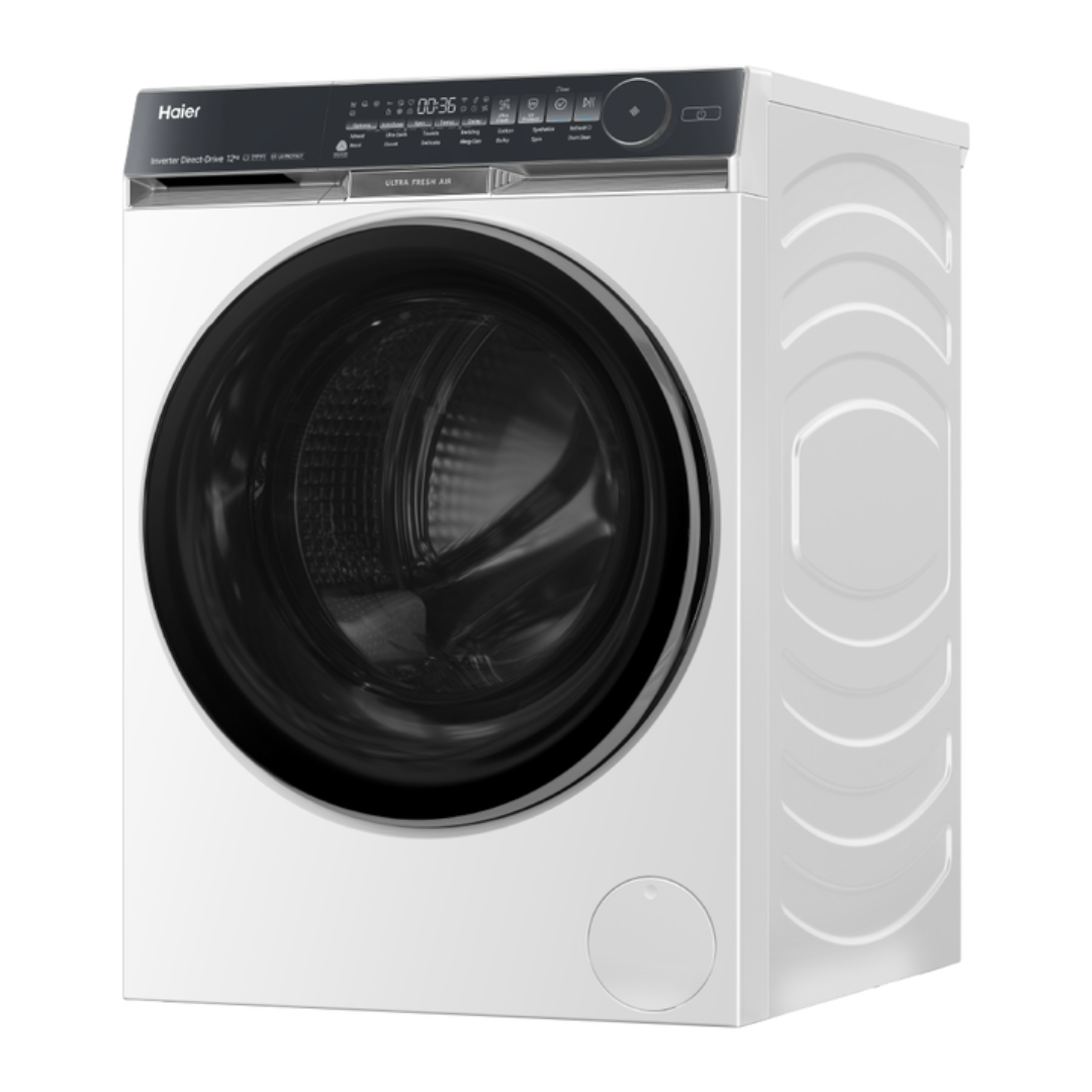 White Haier front load washing machine at an angle on a white background