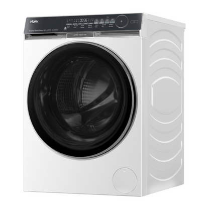White Haier front load washing machine at an angle on a white background