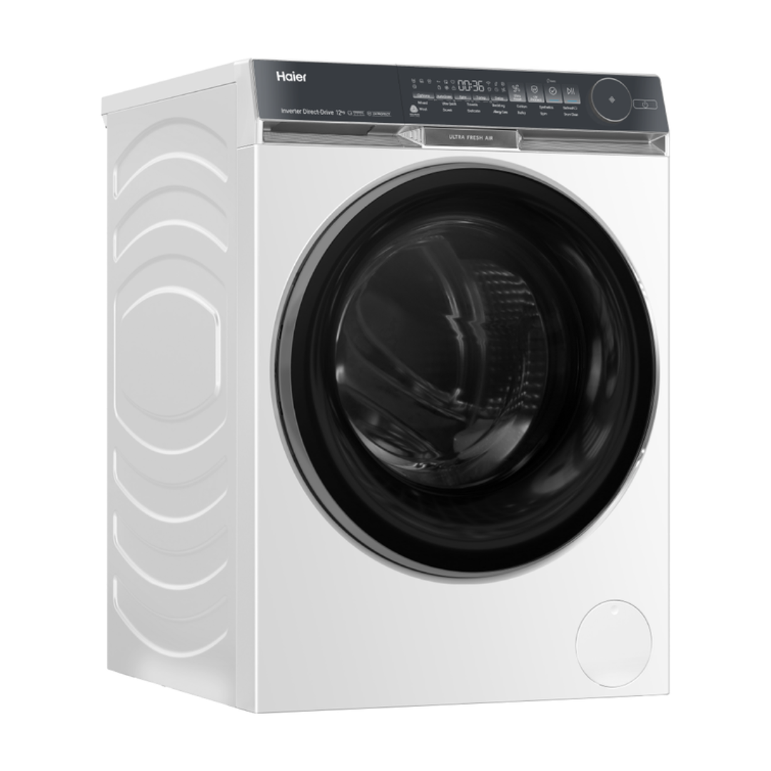 White Haier front load washing machine at an angle on a white background