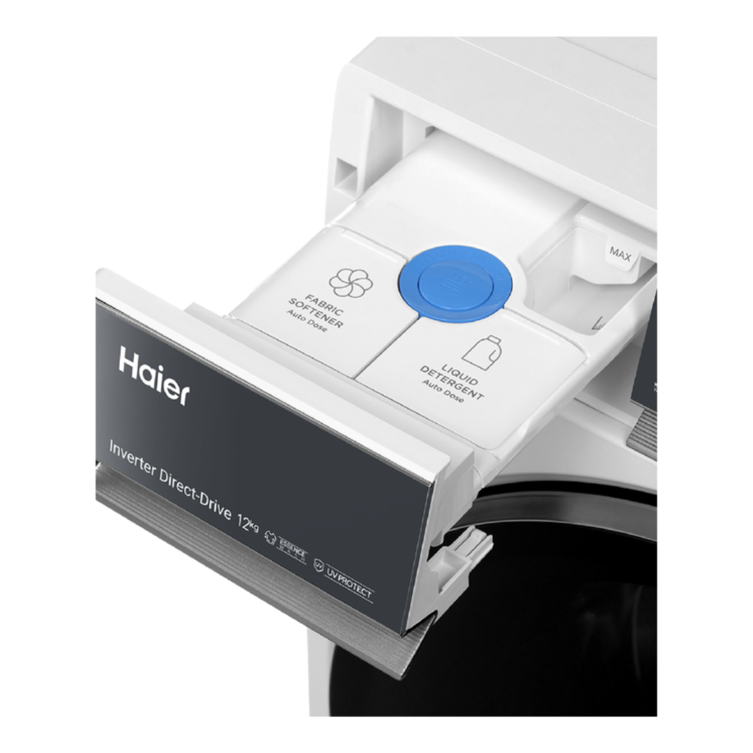 White Haier front load washing machine showing its detergent dispenser on a white background